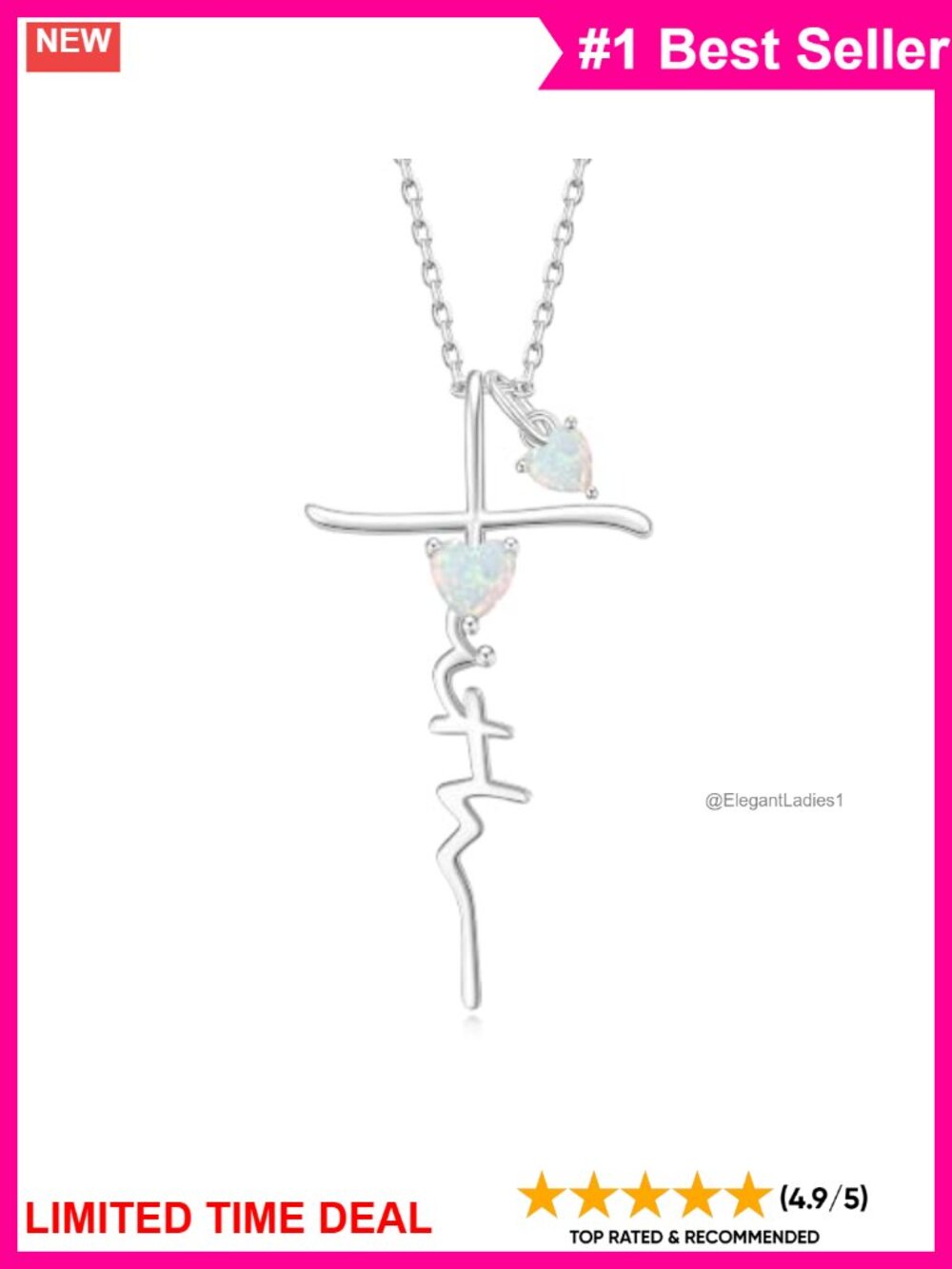 Double Heart Birthstone Cross Faith Pendant Necklace White Gold Plated